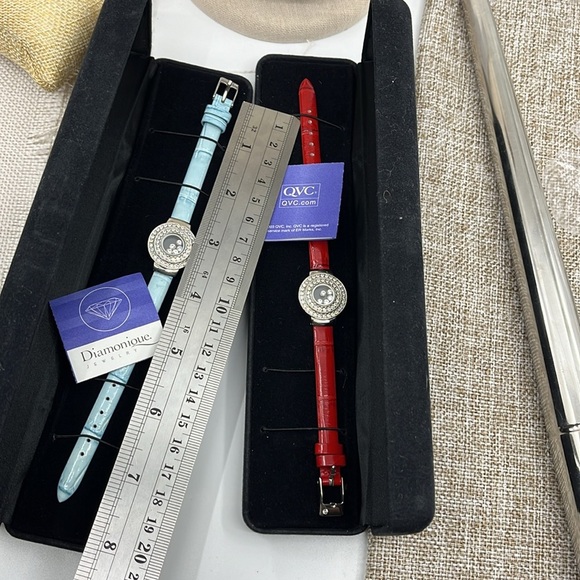 Vintage Diamonique Faux Watch Bracelets (2) - Red & Blue Bands with CZ Accents - Picture 8 of 10